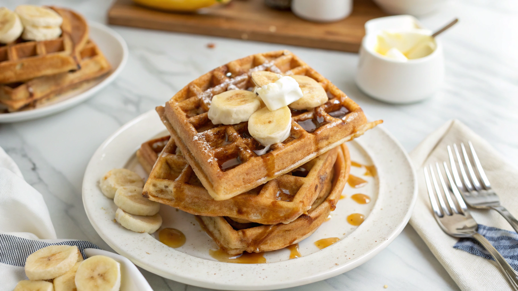 Stack of golden banana waffles topped with fresh banana slices and syrup on a white plate