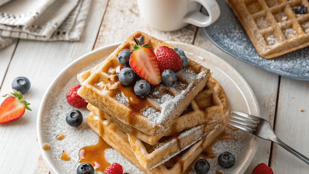 Golden brown Krusteaz waffles stacked high, drizzled with maple syrup, and topped with fresh strawberries and blueberries on a rustic table.