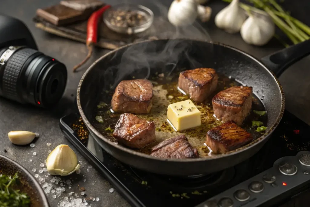 uicy beef pieces sizzling in a hot skillet with melted butter and garlic