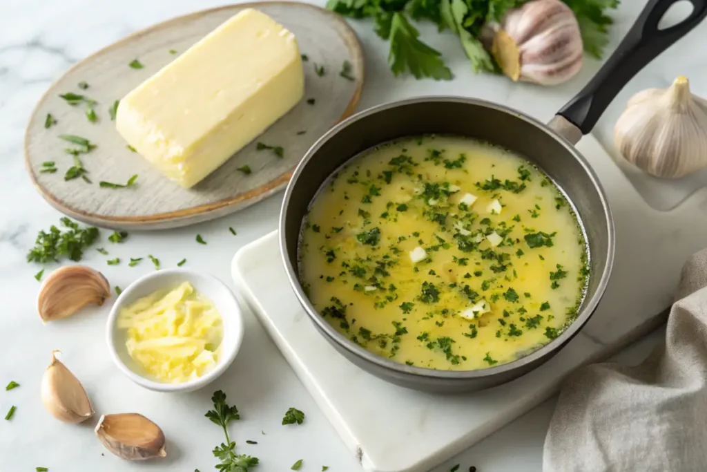 olden butter simmering with minced garlic and fresh herbs in a small pan