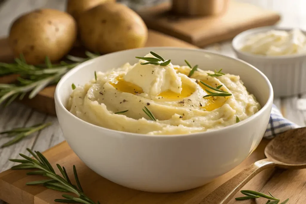 Smooth, creamy potatoes in a white bowl with melted butter on top