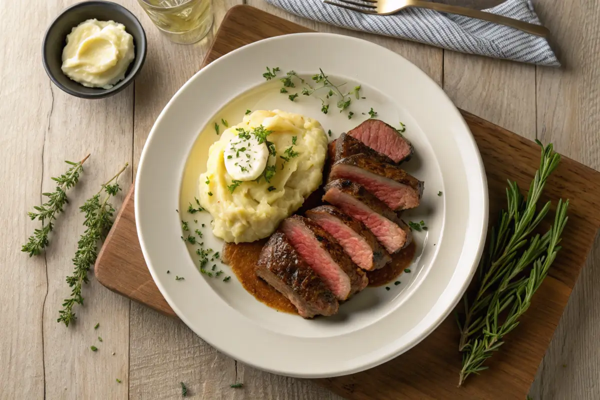 A well-plated dinner with golden beef bites and fluffy mashed potatoes