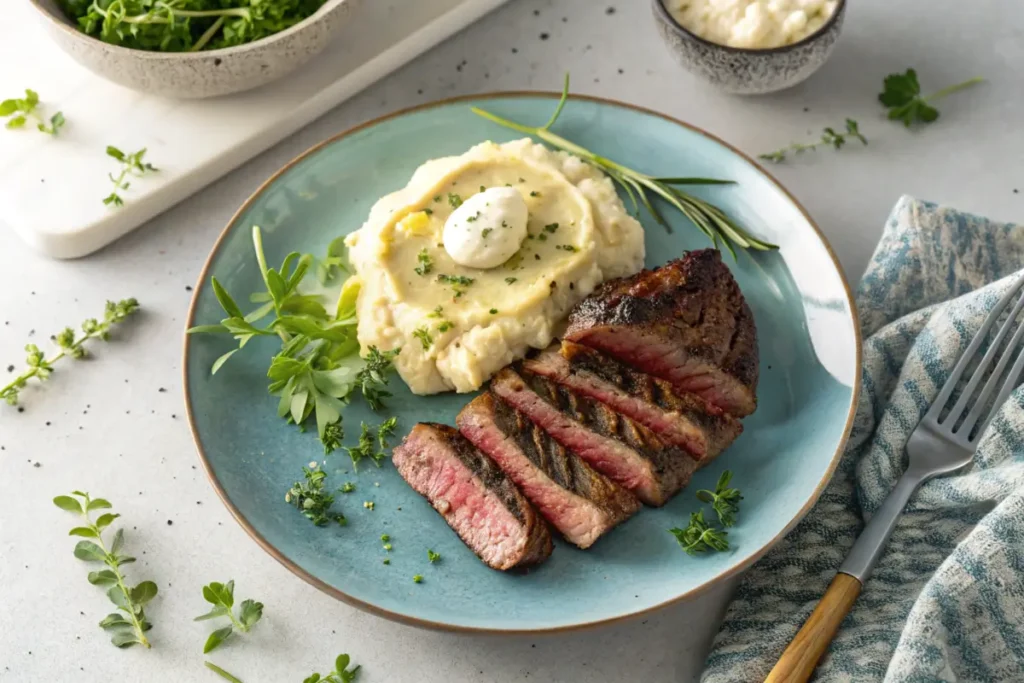 Beef bites paired with mashed cauliflower and fresh herbs as a healthy alternative