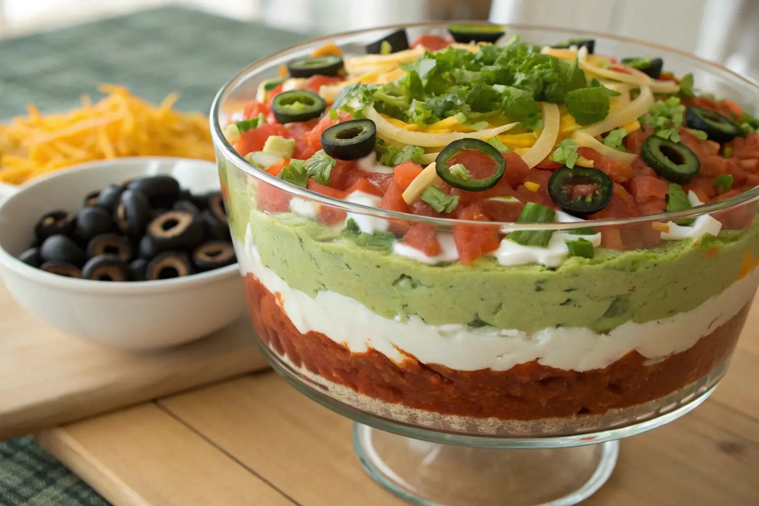 A visually appealing seven layer dip served in a glass dish with colorful layers of fresh ingredients.