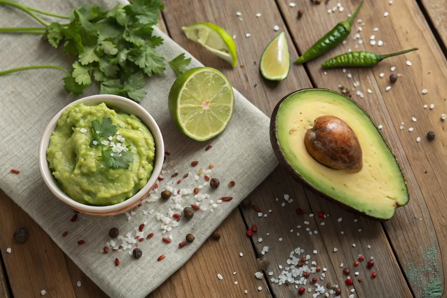 Flat-lay of ripe avocado, mashed avocado with lime, and fresh ingredients on a wooden table