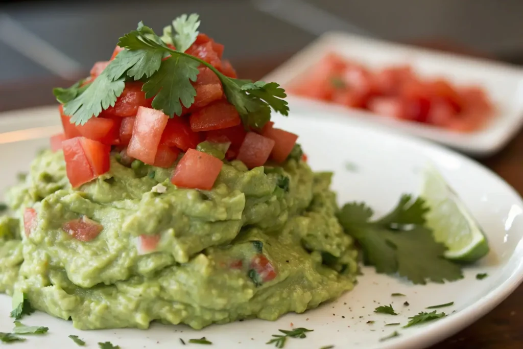 A close-up of creamy guacamole topped with fresh diced tomatoes and cilantro.