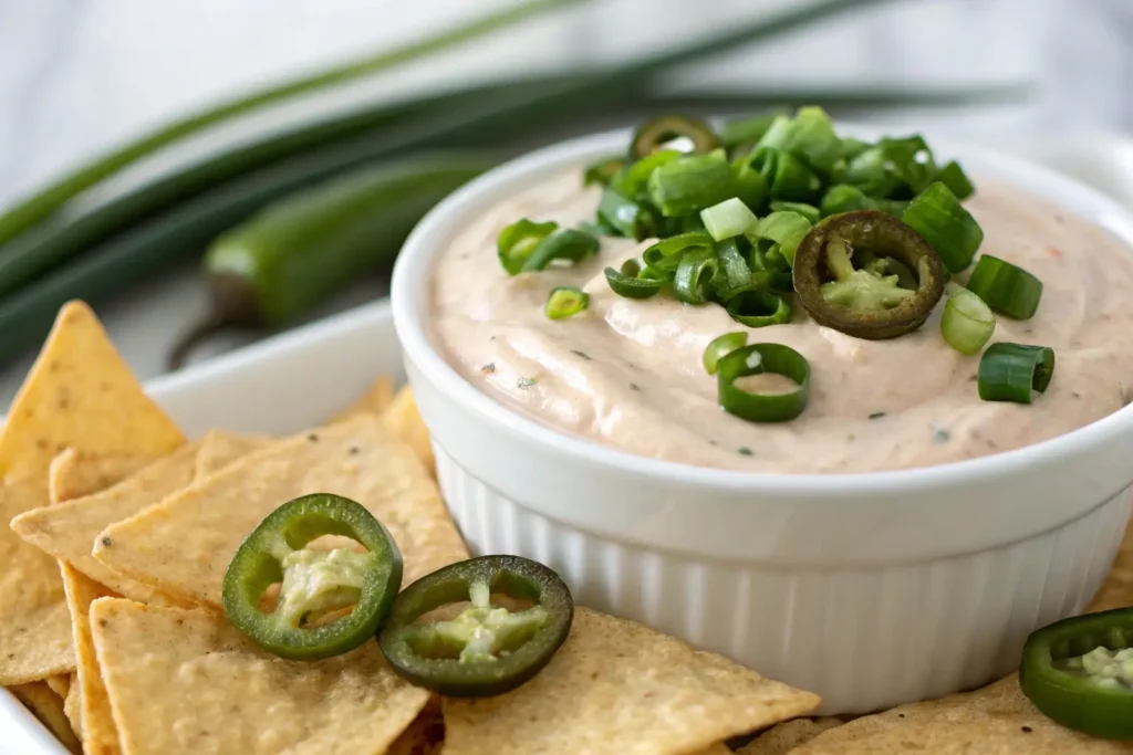 Topping the layered dip with jalapeños and green onions for extra flavor.