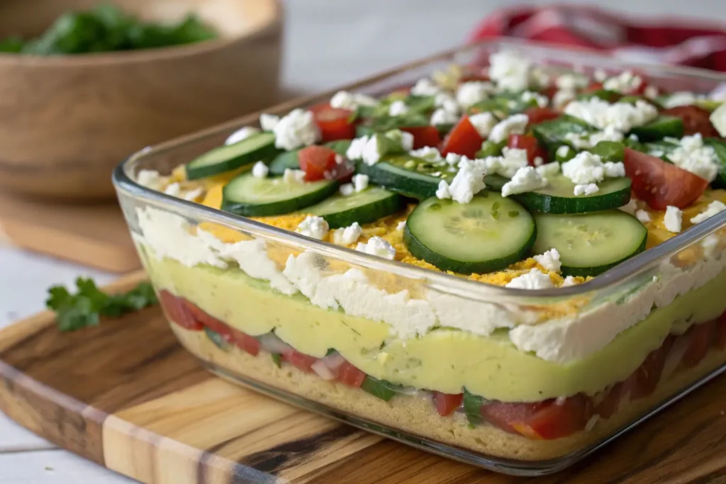 Mediterranean-style dip layered with hummus, tzatziki, and fresh veggies.