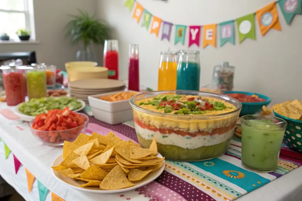 A festive party table featuring a seven layer dip as the centerpiece.