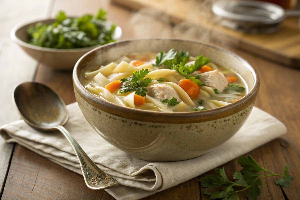 Steaming bowl of gluten-free chicken noodle soup with fresh parsley on a rustic wooden table