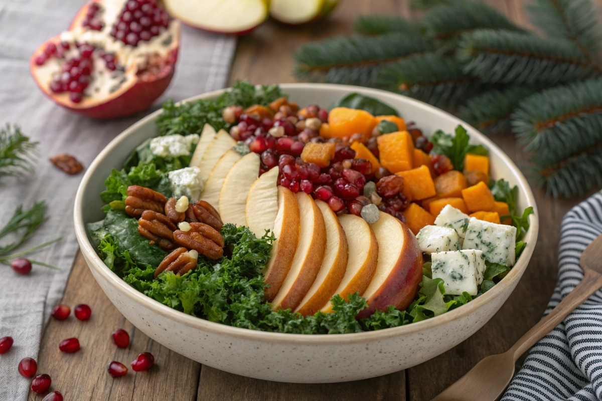 A vibrant Winter Cobb Salad with roasted butternut squash, kale, and pomegranate seeds on a rustic table