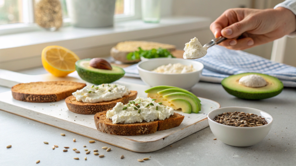 Person Spreading Cottage Cheese on Toast for Avocado Cottage Cheese Toast