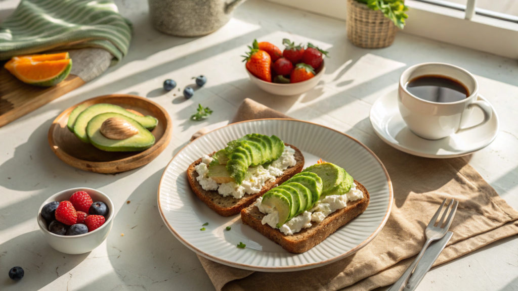Avocado Cottage Cheese Toast Served with Coffee and Fresh Fruit