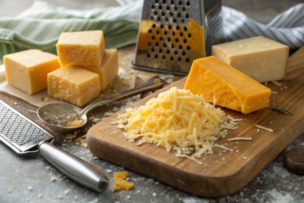 Cheddar, gouda, and parmesan displayed with grated cheese and a grater