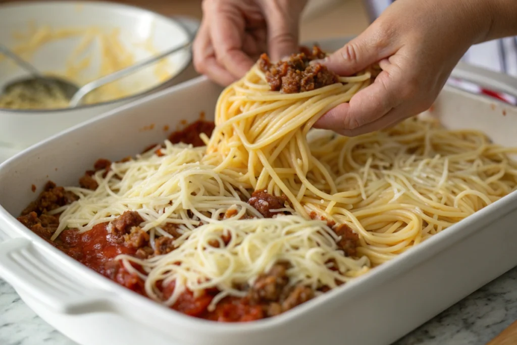 Layering spaghetti, creamy cheese, and meat sauce in a casserole dish for million dollar spaghetti