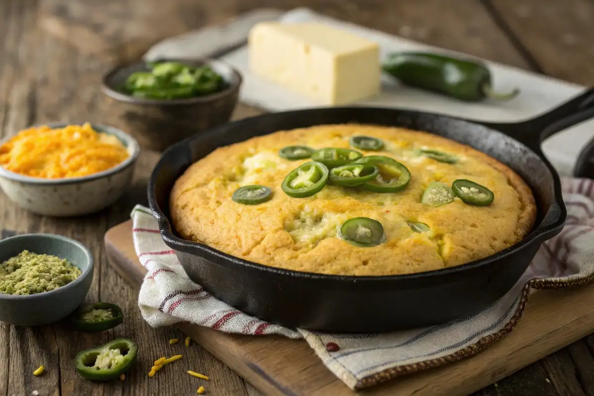 Freshly baked Mexican cornbread with melted cheese and jalapeños in a skillet