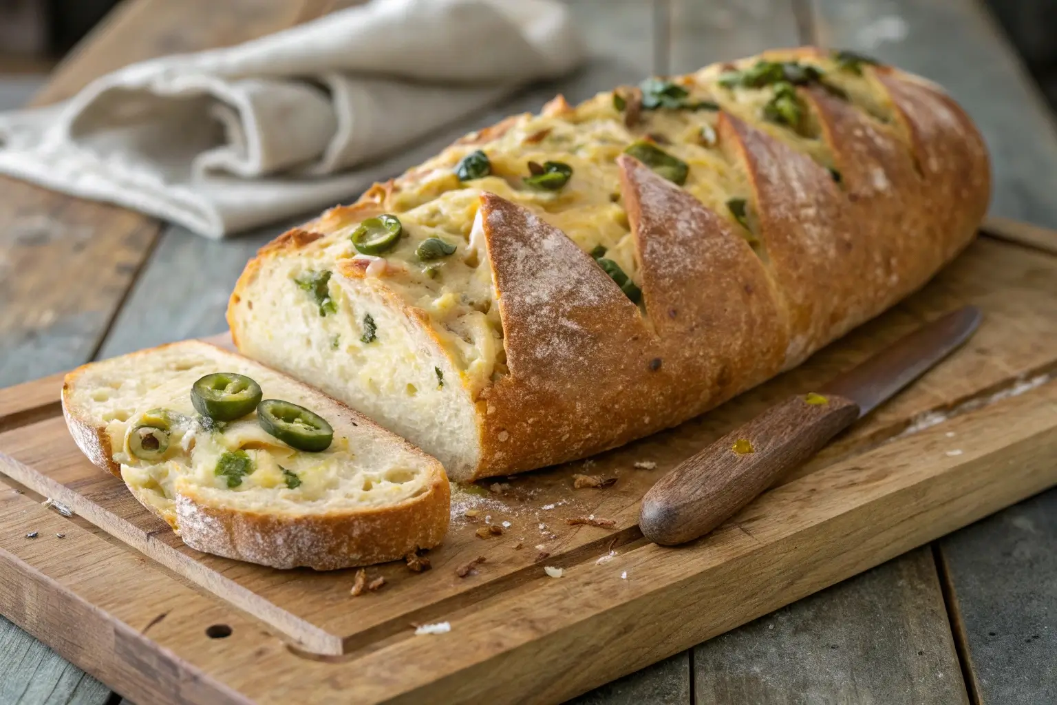 Rustic loaf of golden vegan artisan bread sliced to reveal jalapeños and melted cheese.