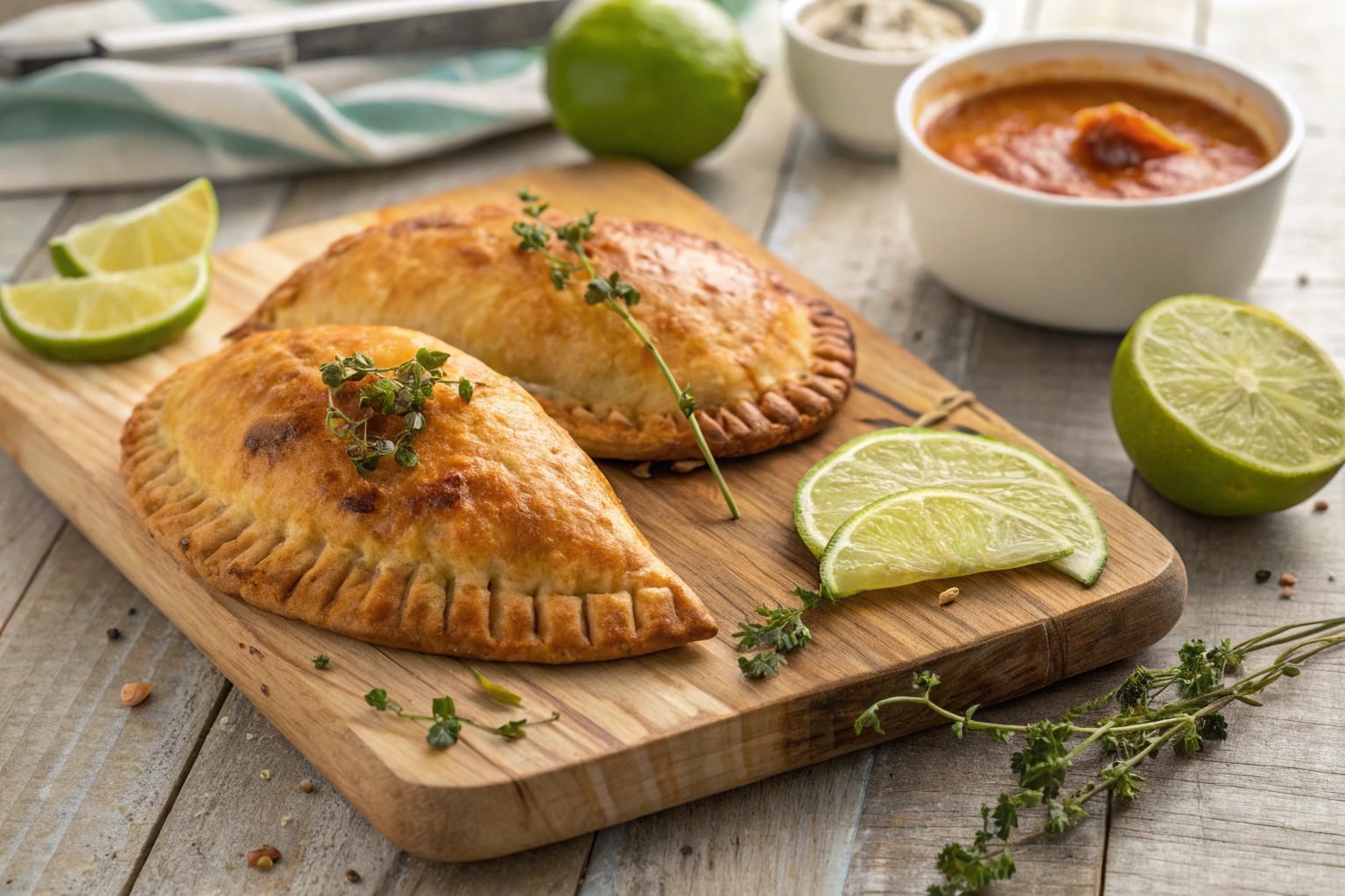 A golden-brown Jamaican chicken patty with a flaky crust, served on a wooden board with lime slices and thyme sprigs