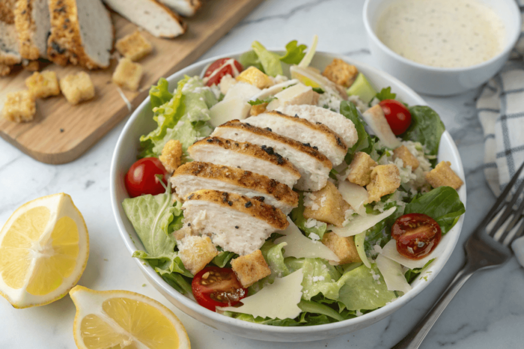 Fully assembled chicken Caesar salad with pasta, topped with grilled chicken and fresh ingredients
