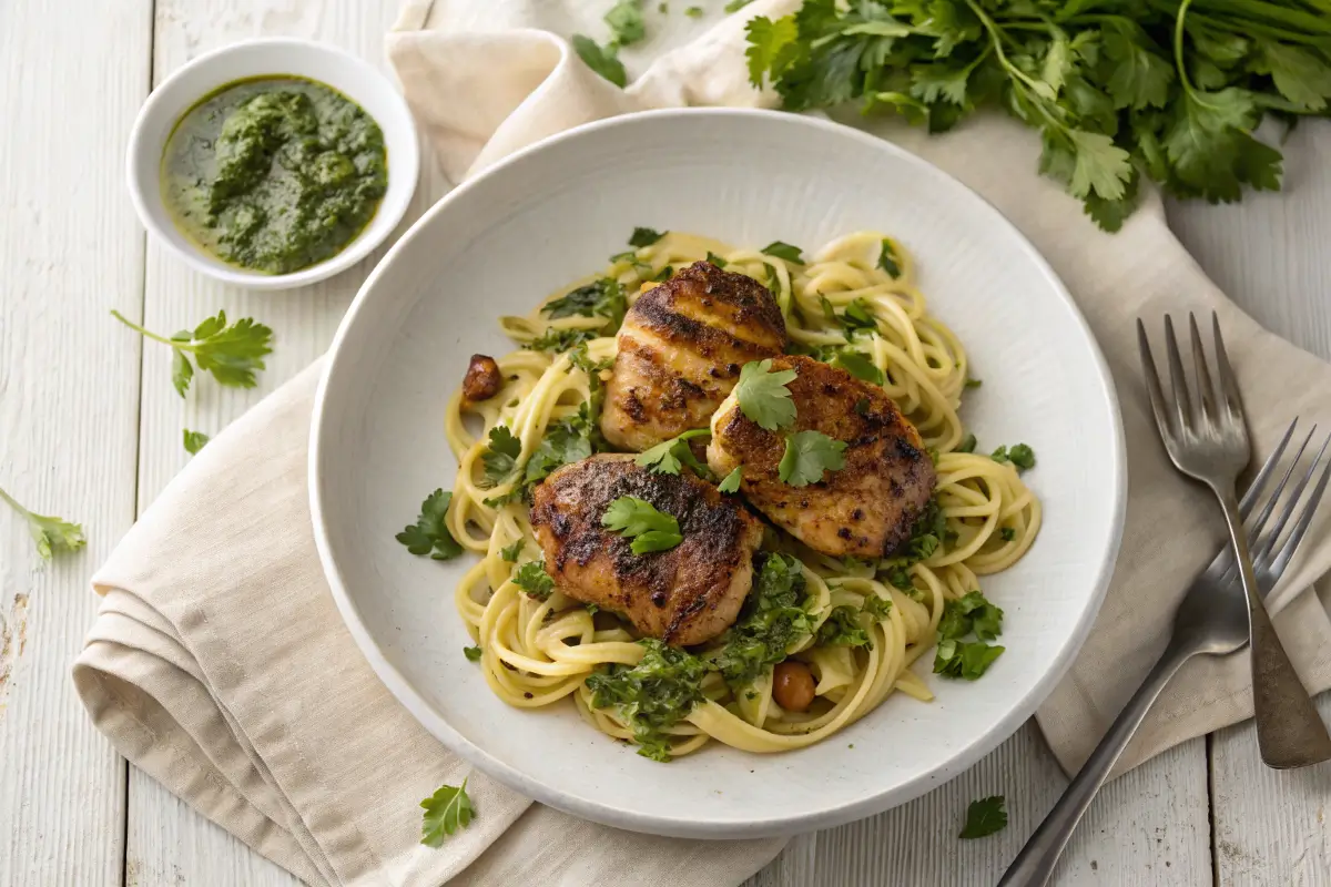 Overhead view of chimichurri chicken thighs pasta with fresh parsley and garlic on a rustic table