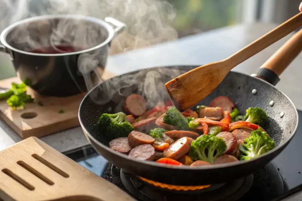 Sausage and broccoli sizzling in a wok, stirred with a wooden spatula