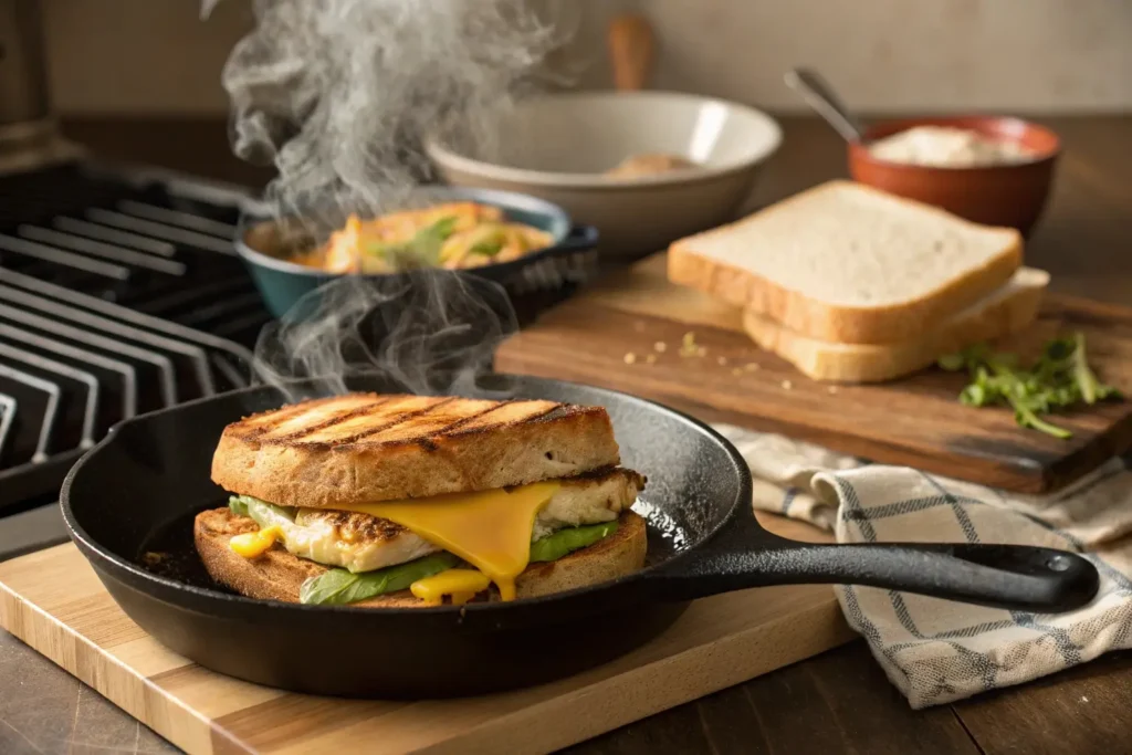Chicken Avocado Melt Sandwich grilling in a skillet with melted cheese and golden-brown bread