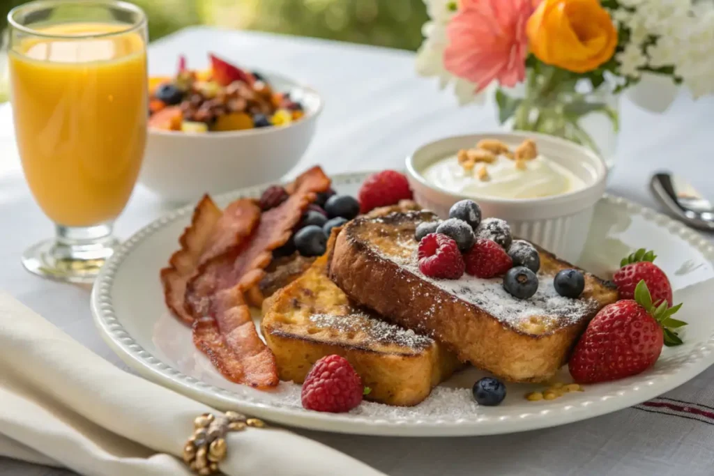 McCormick French Toast served with bacon, orange juice, and yogurt parfait, topped with fruits and powdered sugar