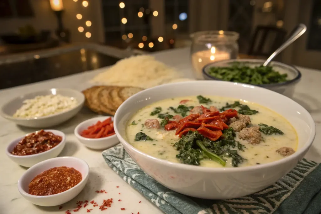 Visual guide to preparing creamy parmesan Italian sausage soup, from browning sausage to creating the creamy broth.