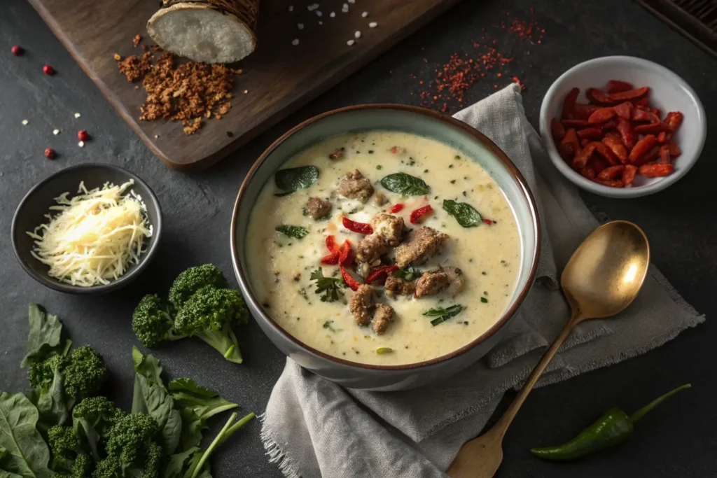Explore exciting variations for creamy parmesan Italian sausage soup with fresh garnishes and unique twists.