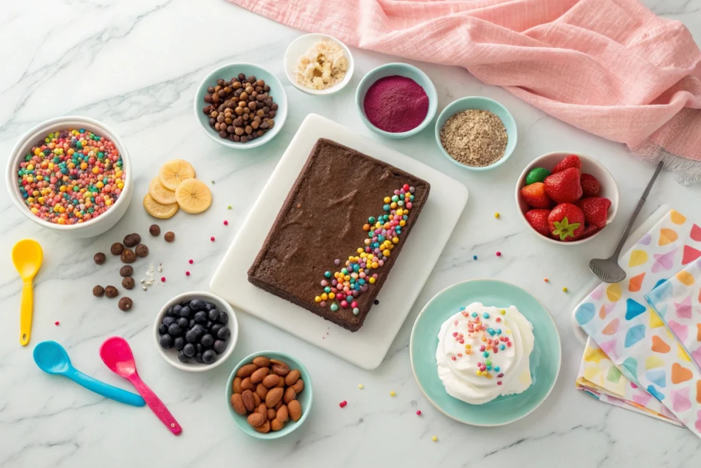 DIY chocolate cake bar setup with toppings and decorations for National Chocolate Cake Day
