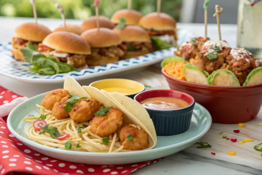 Boom boom shrimp served as tacos, sliders, and pasta, garnished and beautifully plated