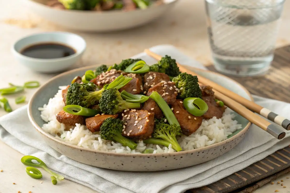 Overhead view of sausage broccoli stir-fry in a bowl, garnished with sesame seeds and green onions