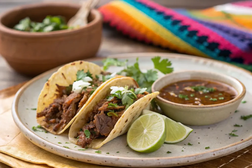 Birria tacos served with consommé, garnished with cilantro, onions, and lime wedges