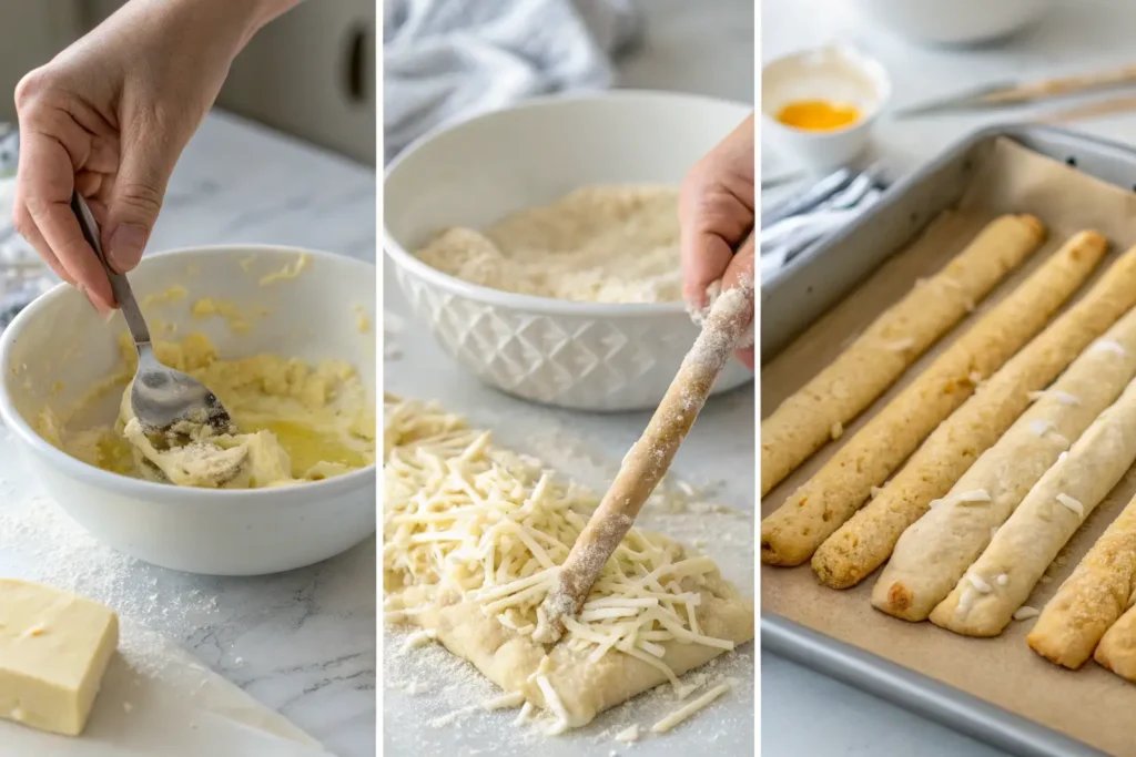 Collage of three images showing dough preparation, shaping, and cheese topping for breadsticks