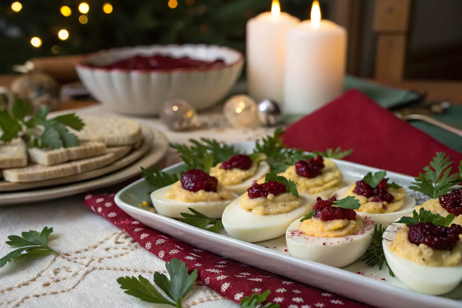 Deviled eggs topped with cranberry sauce, garnished with parsley, on a festive holiday platter