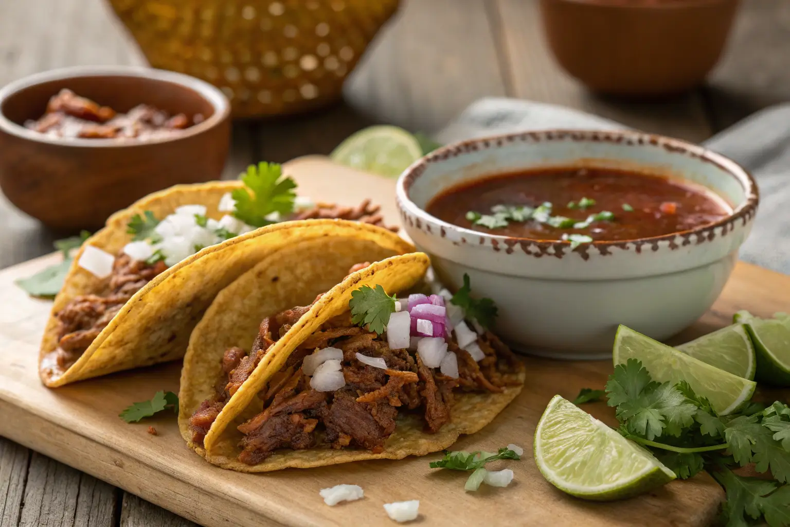 Close-up of crispy birria tacos with consommé, garnished with onions, cilantro, and lime wedges