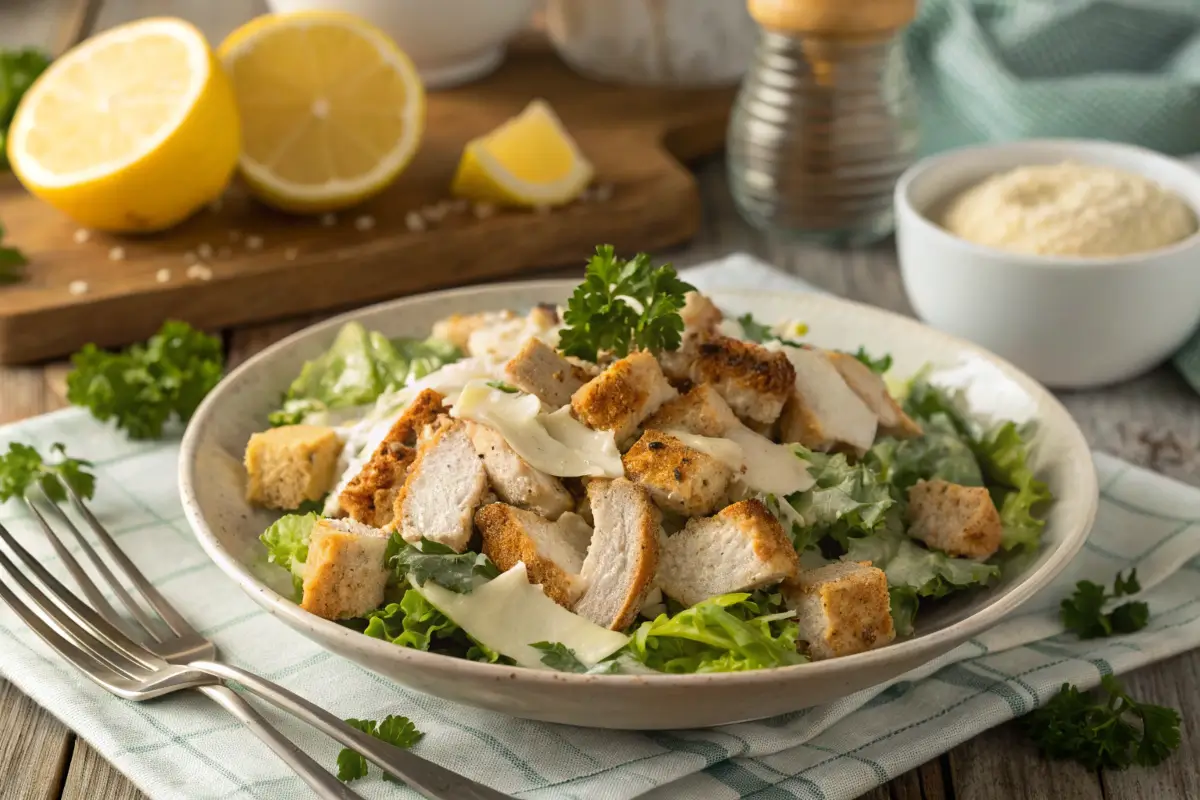 A plate of creamy Caesar diced chicken garnished with Parmesan and parsley, served on a rustic table with lemon wedges