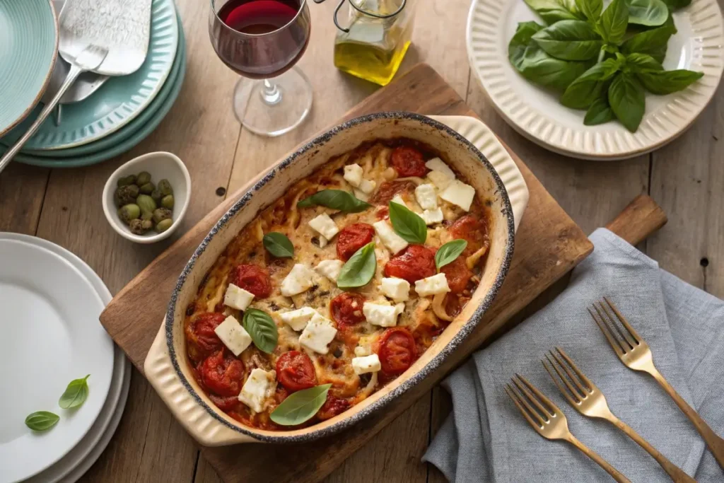 A family-style serving of baked feta pasta on a rustic dining table with plates and a glass of wine