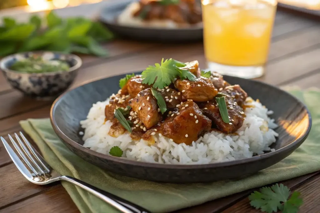 Sweet Hawaiian Crockpot Chicken served over jasmine rice, garnished with sesame seeds and fresh cilantro on a dark ceramic plate