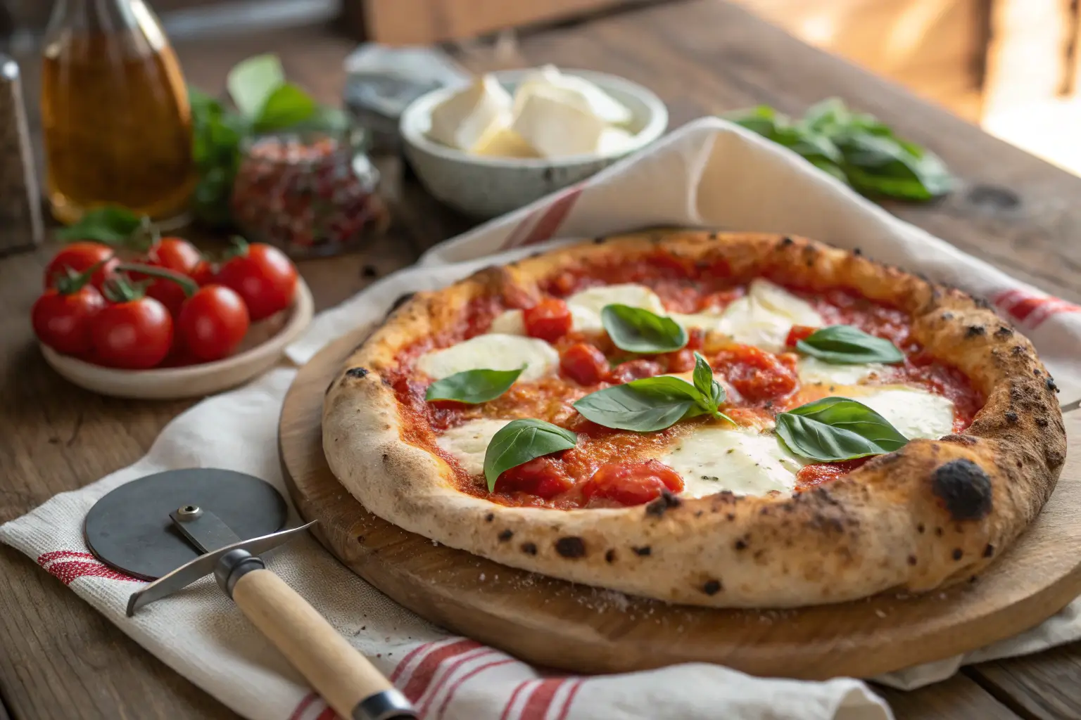 A freshly baked Neapolitan pizza with tomato sauce, mozzarella, and basil.