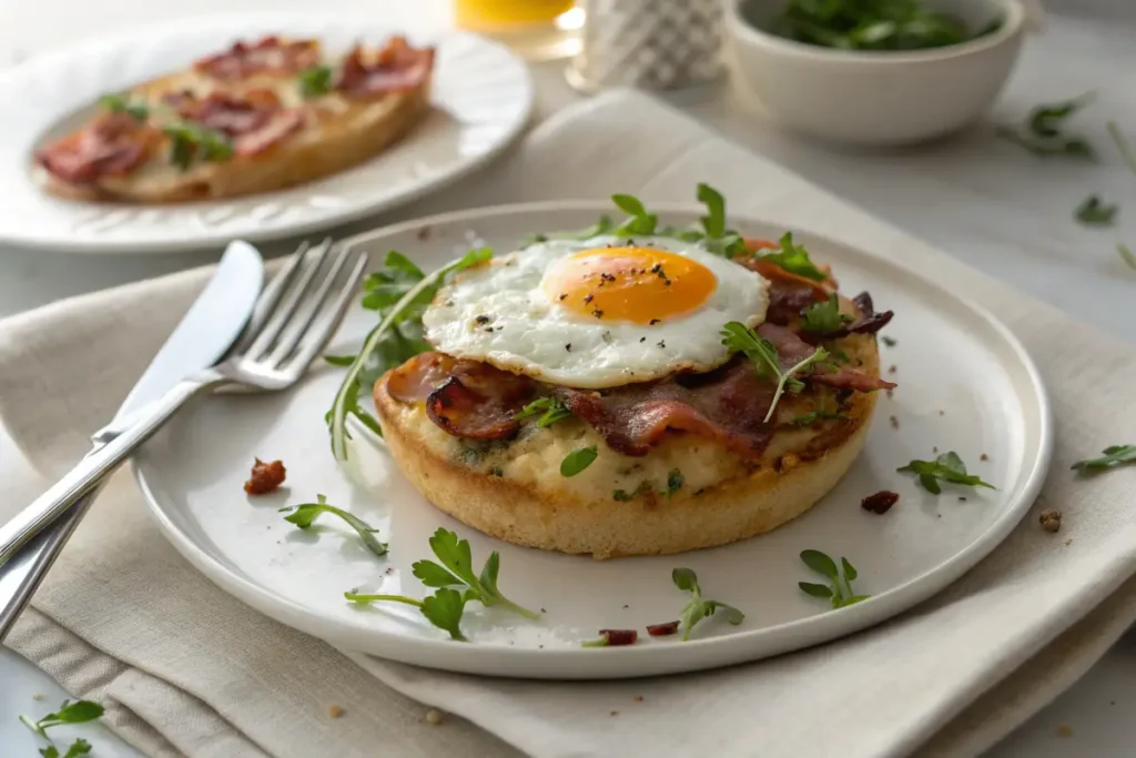 Muffin breakfast pizza with a sunny-side-up egg and bacon served on a white plate