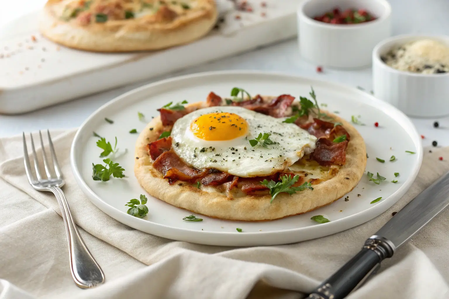 Close-up of muffin breakfast pizzas with eggs, bacon, and cheese on a rustic table