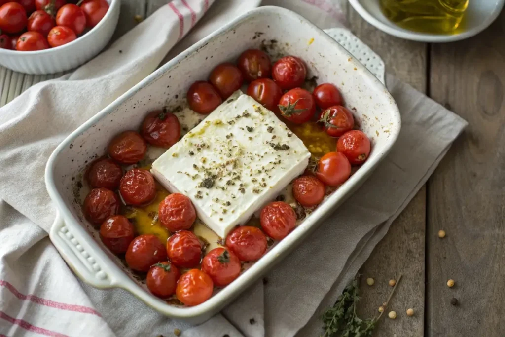 Baking dish with feta cheese and cherry tomatoes drizzled with olive oil and seasonings