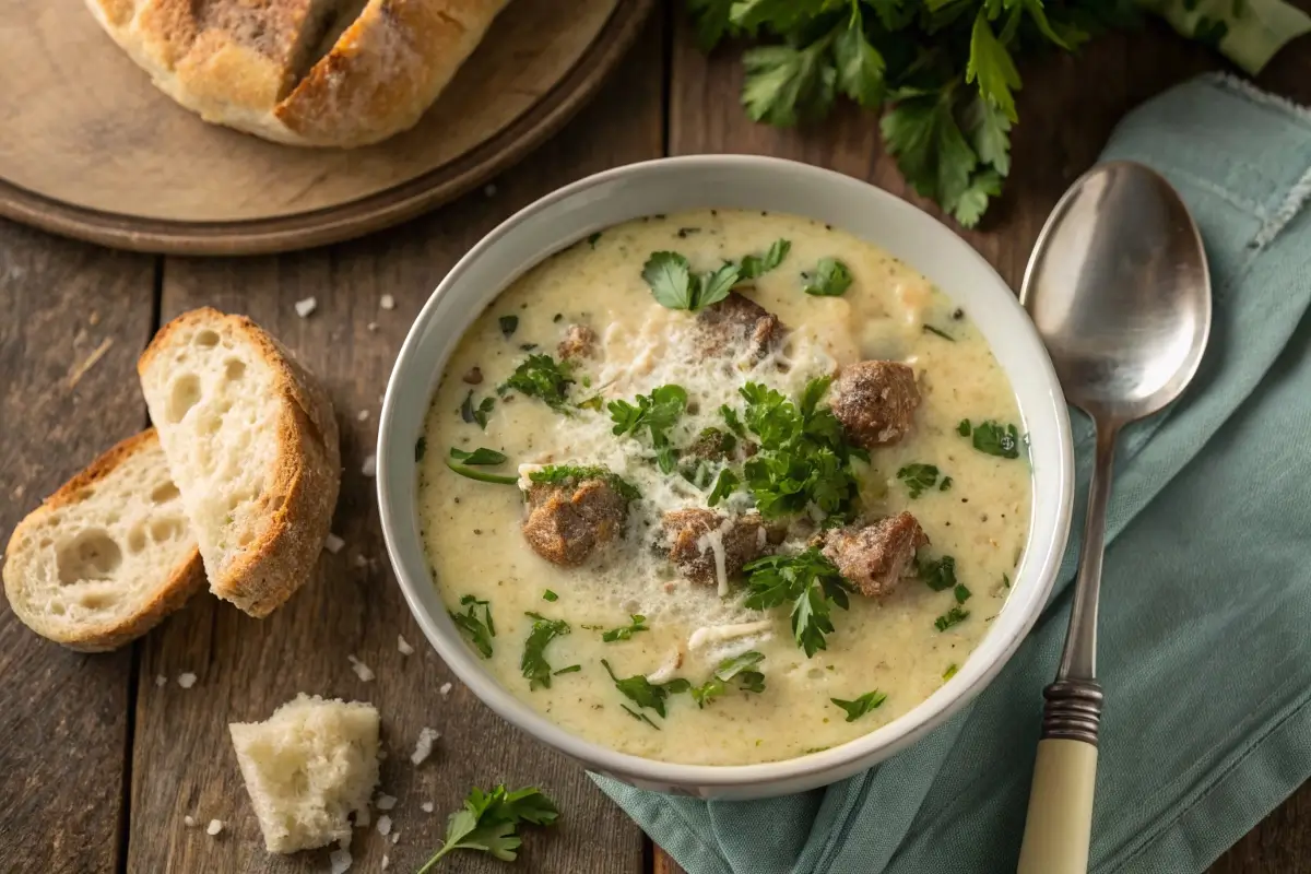 Creamy Parmesan Italian sausage soup in a bowl, garnished with Parmesan and parsley, with crusty bread on the side.