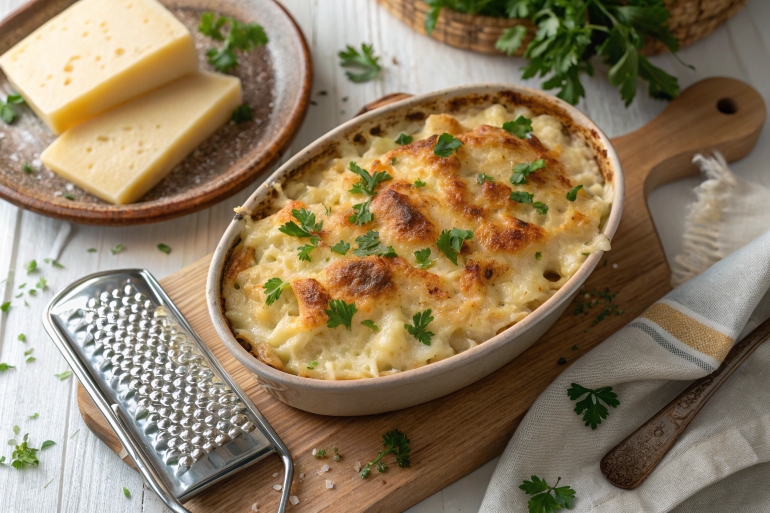 Creamy three cheese macaroni baked to perfection with a golden crust