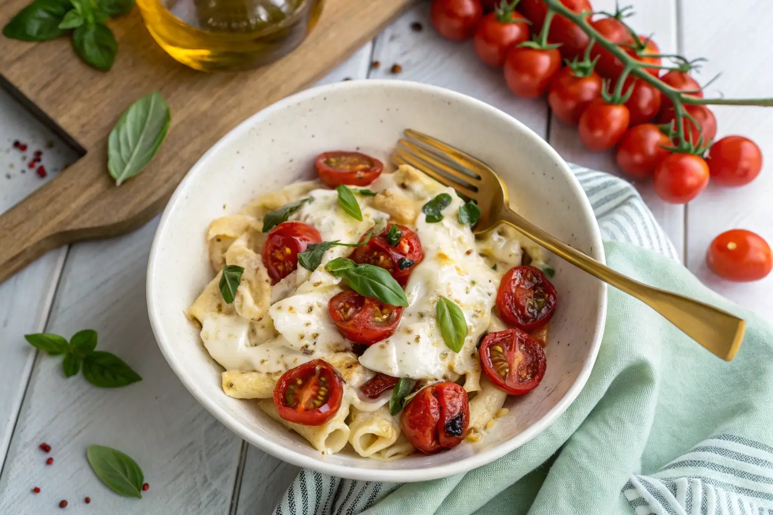 Baked feta pasta with roasted cherry tomatoes and fresh basil served in a white bowl