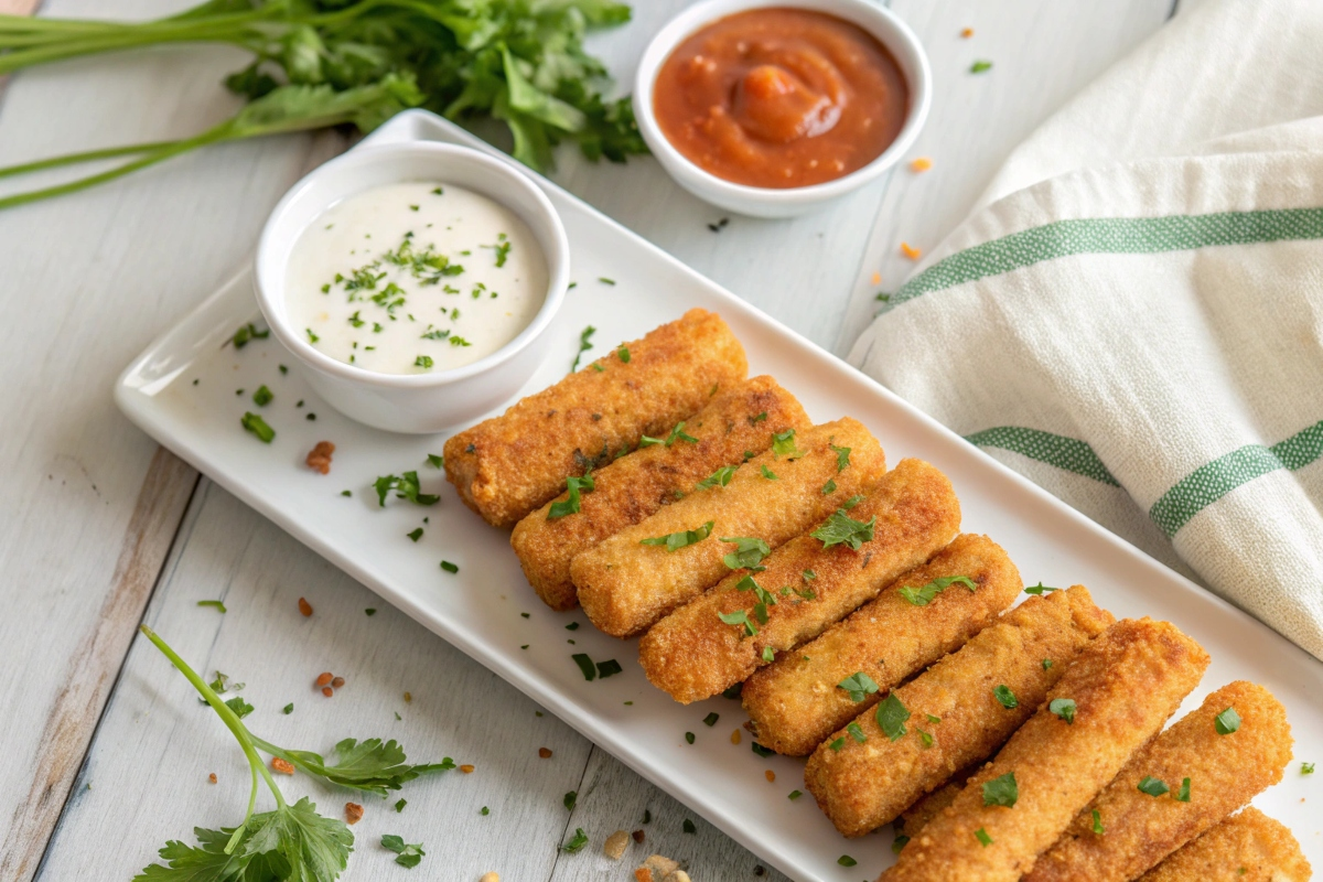 Crispy mozzarella sticks coated in buffalo sauce on a white platter with dipping sauces and parsley garnish