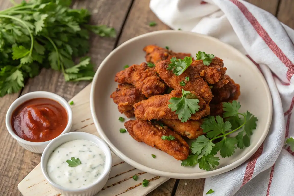 Crispy and spicy chicken tenders served with ranch and hot sauce