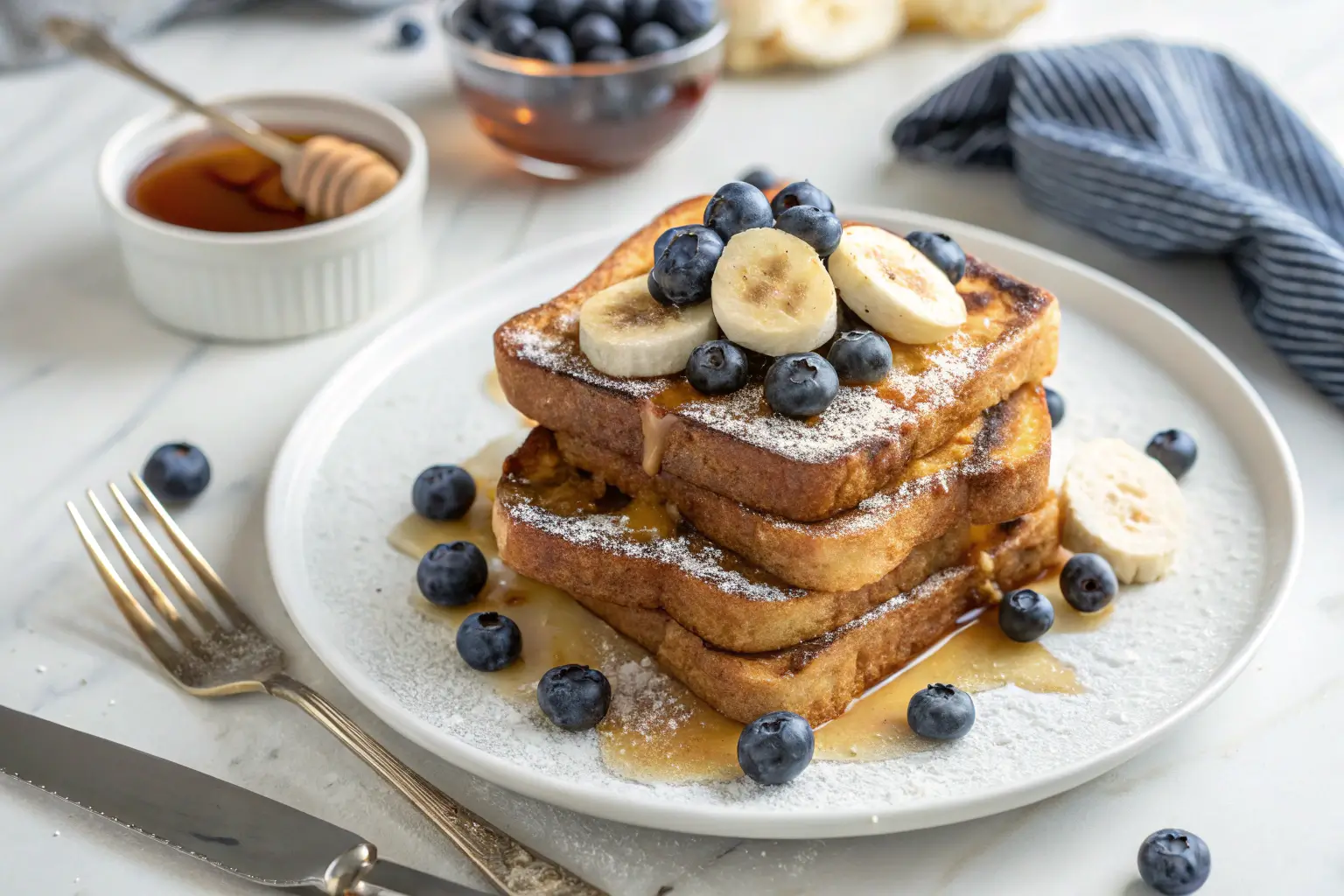 Vegan egg French toast topped with blueberries, bananas, and maple syrup on a white plate.