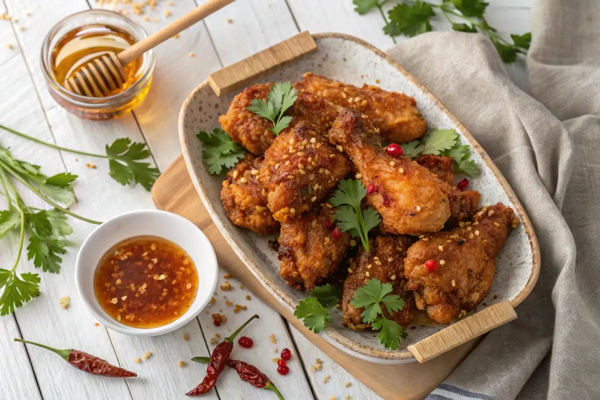 Baked crunchy hot honey chicken on a platter with a sticky hot honey glaze, garnished with parsley